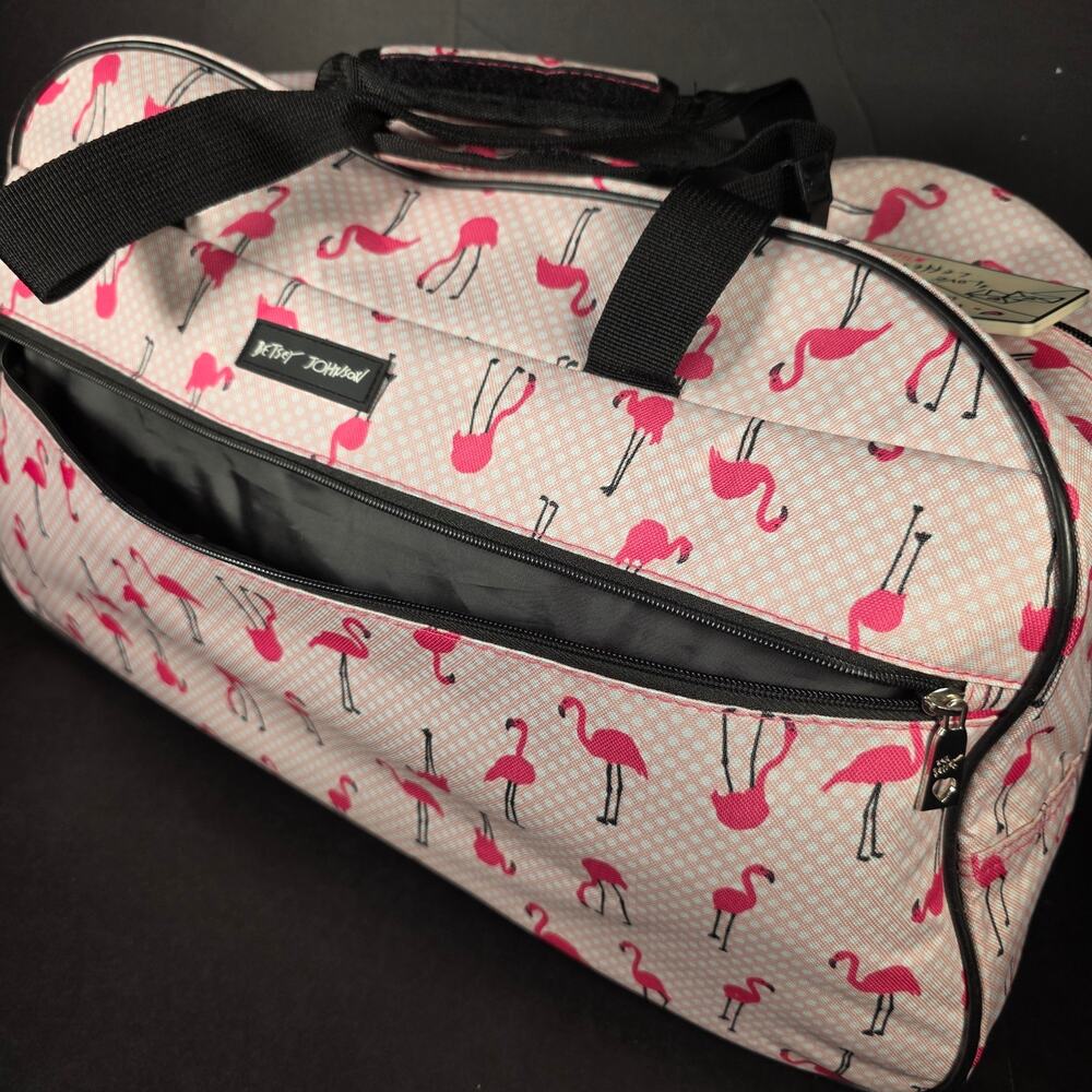 Betsy Johnson Pink Flamingo Strut 22" Weekender Carry-on Rolling Suitcase Handle - Picture 5 of 16